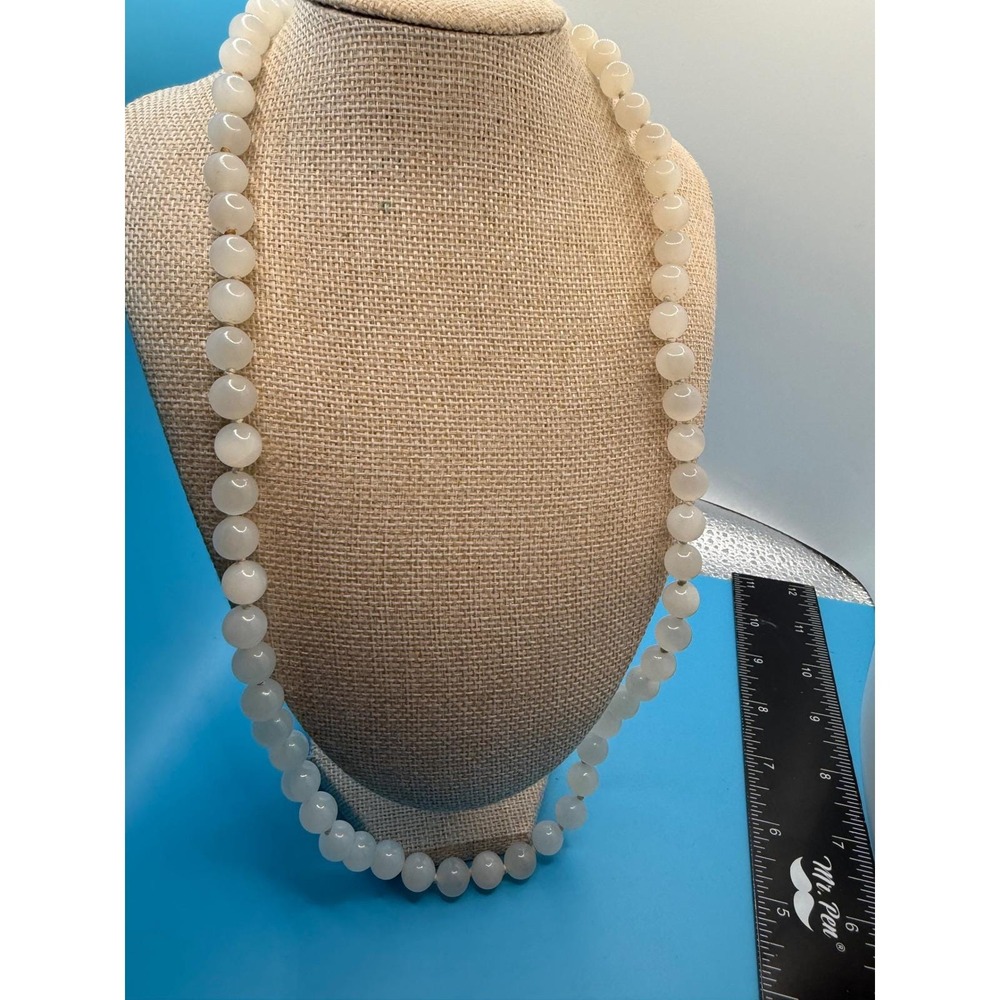 White Moonstone Beaded Necklace Hand Knotted Round Gemstone 22 Inch Ribbed Clasp